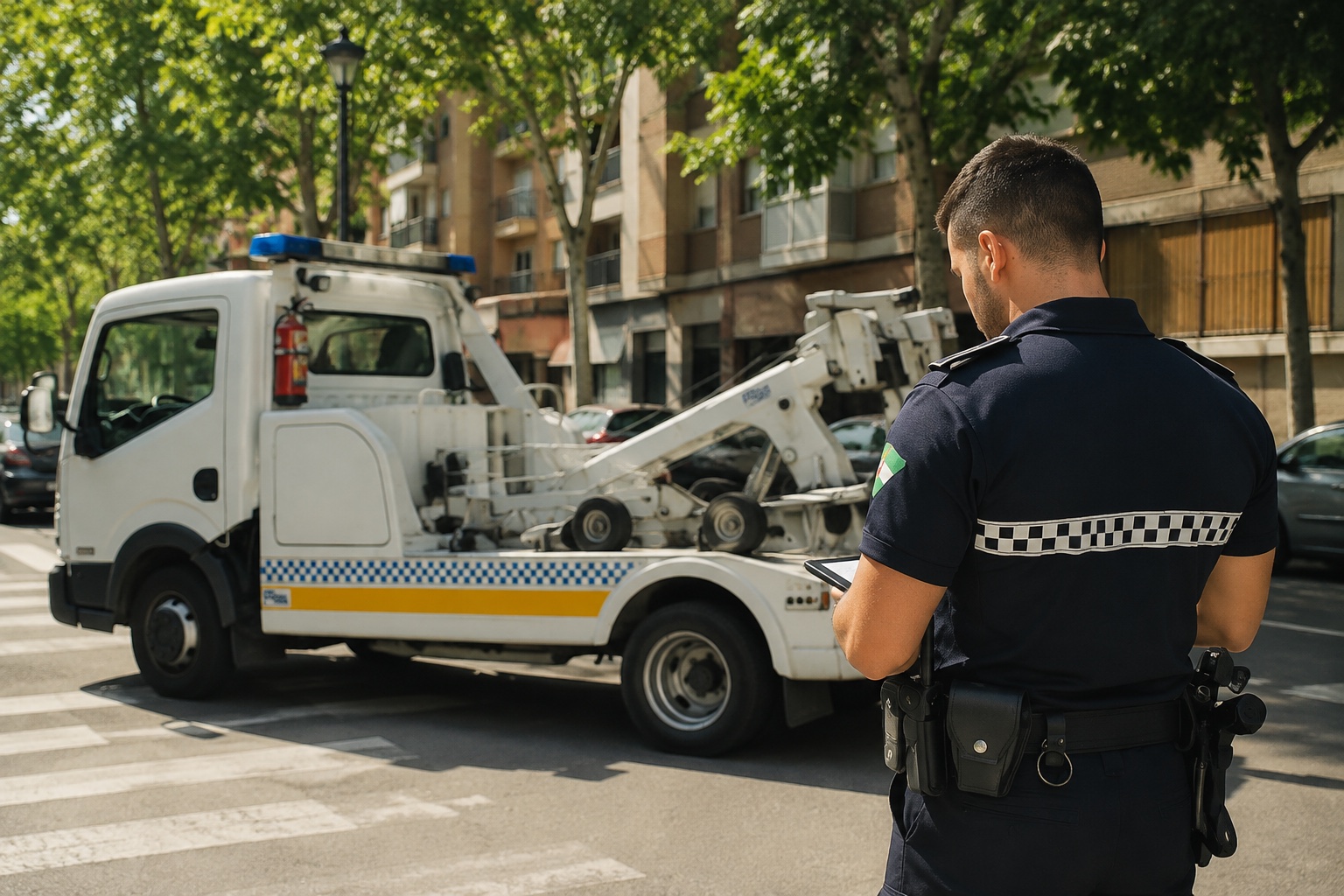 Agente de Policía Local junto a un vehículo grúa