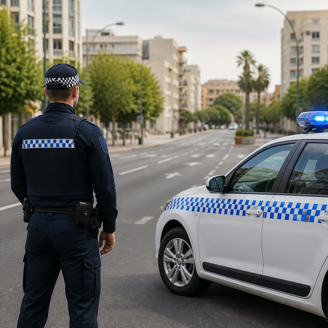 Agente y vehículo de Policía Local en una avenida urbana